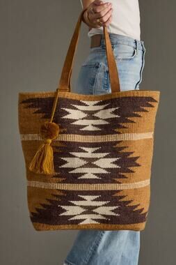 Tan, Brown & Cream Western Woven Wool Tote Bag | Boho Pom Tassel Tote